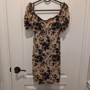 SHEIN Dress Black and Tan Sheath Mini with Puff Sleeves